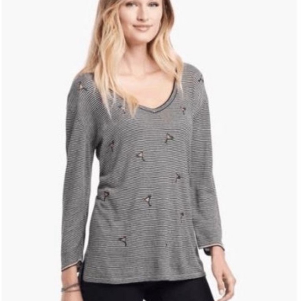 Nic +‎ Zoe Black Striped Cocktail Martini V-neck 3/4 Sleeve Linen Blend Shirt